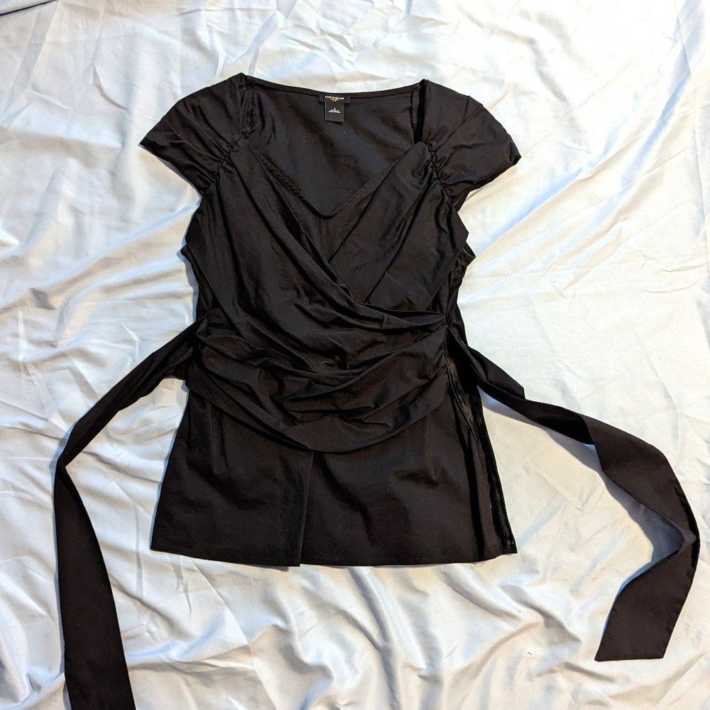 Ann Taylor Black Cross-Front Tieback Blouse